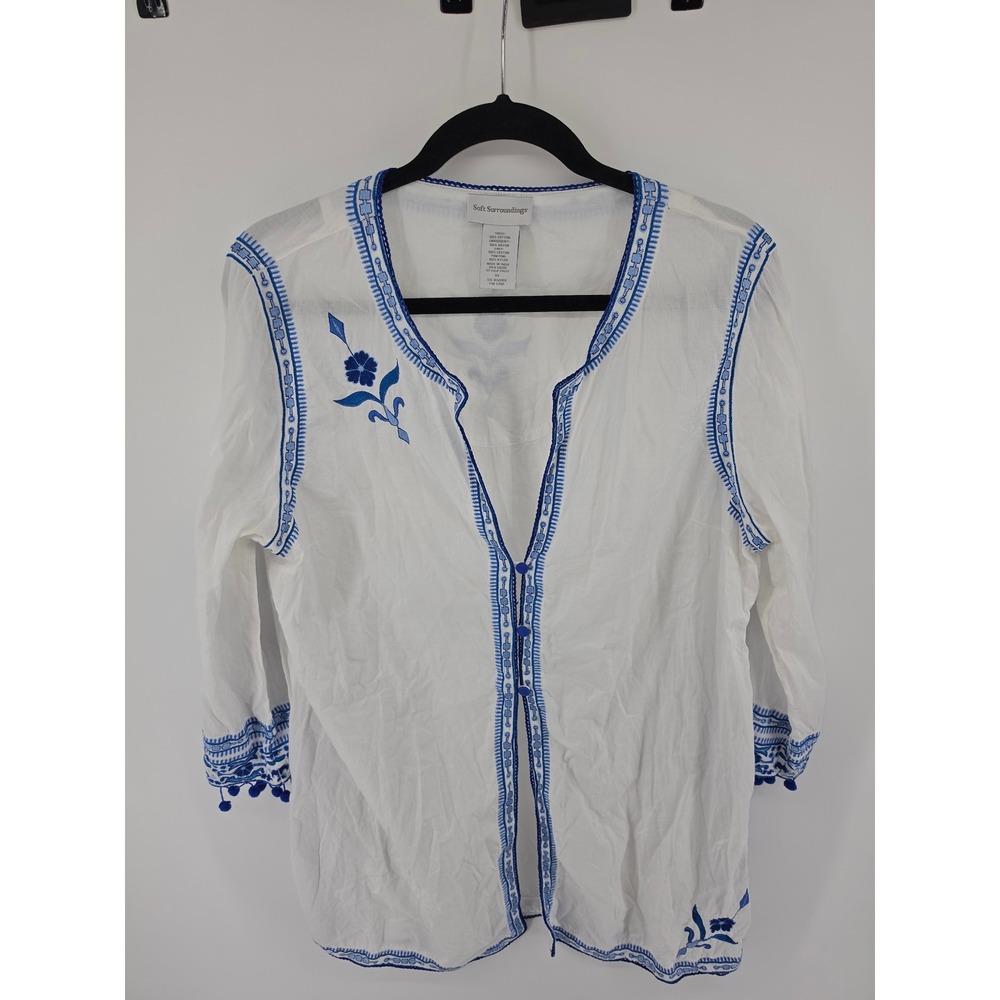 Soft Surroundings White Blue Embroidered Cotton Tunic Top Pom Pom XL 24613